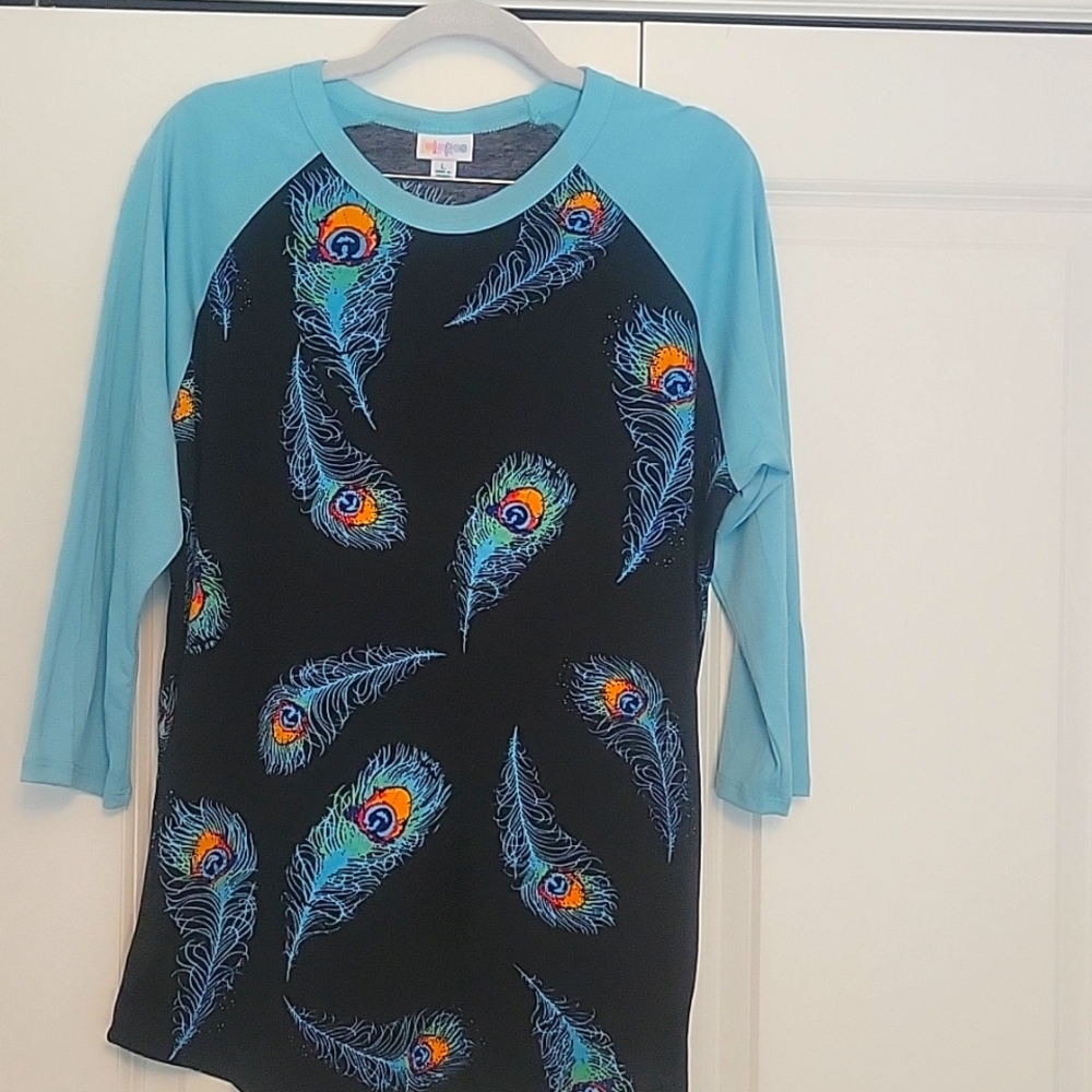 LuLaRoe Randy Black Peacock Feather Shirt with Turquoise Sleeves
